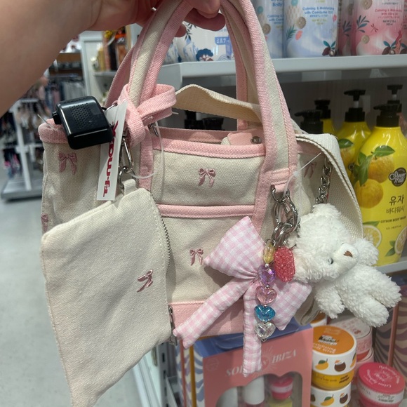 Pink and Cream Kids Tote Bag with Bear Charm - Picture 1 of 1